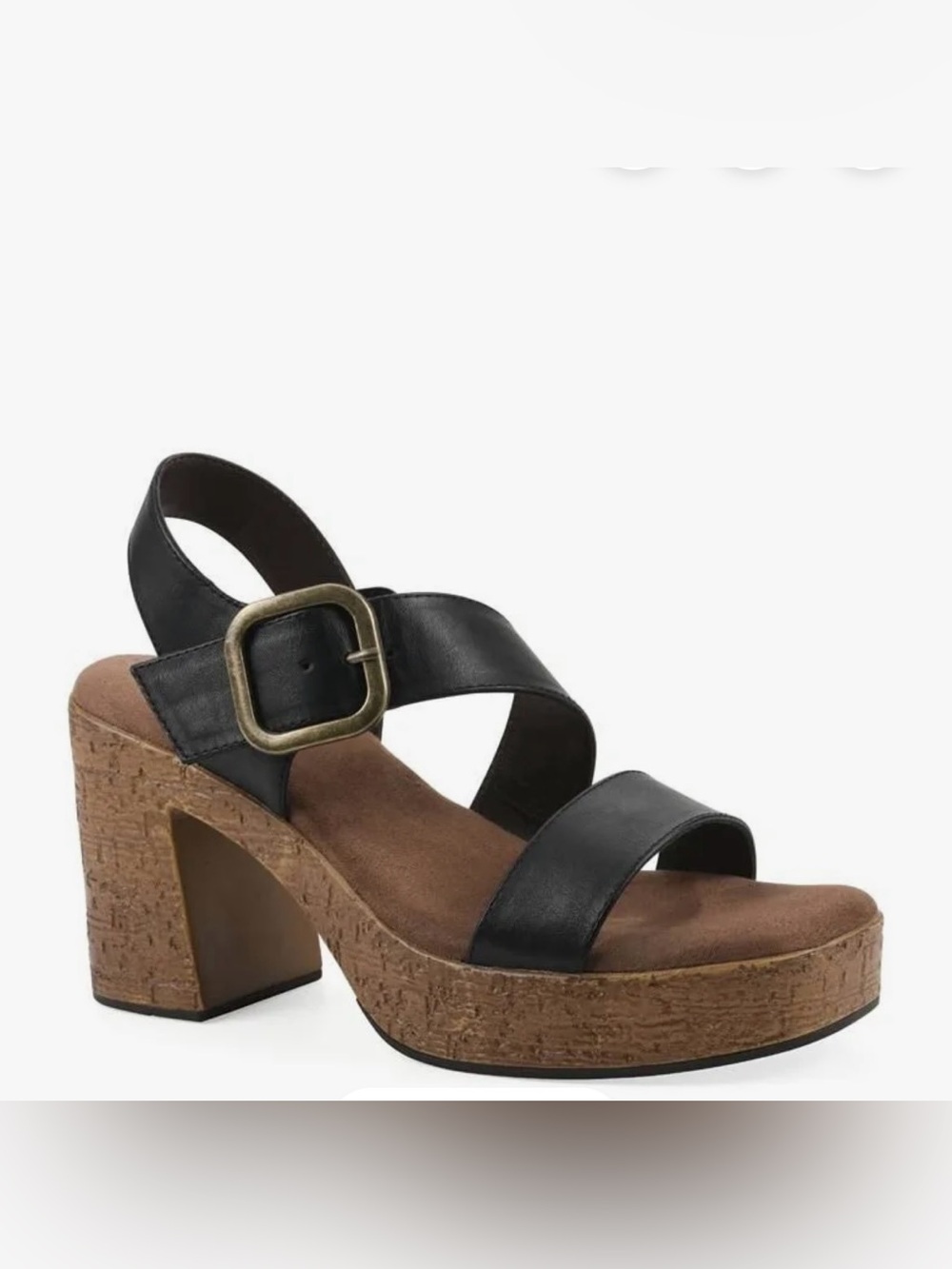 Black Platform Cork Heel Sandal with Buckle